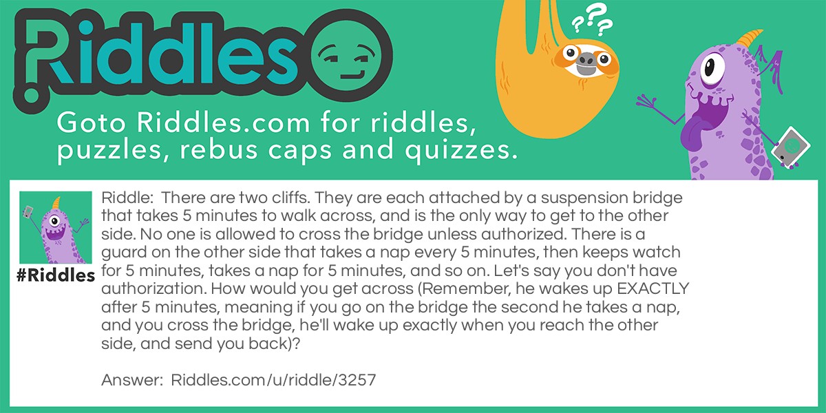 Riddle: There are two cliffs. They are each attached by a suspension bridge that takes 5 minutes to walk across, and is the only way to get to the other side. No one is allowed to cross the bridge unless authorized. There is a guard on the other side that takes a nap every 5 minutes, then keeps watch for 5 minutes, takes a nap for 5 minutes, and so on. Let's say you don't have authorization. How would you get across (Remember, he wakes up EXACTLY after 5 minutes, meaning if you go on the bridge the second he takes a nap, and you cross the bridge, he'll wake up exactly when you reach the other side, and send you back)? Answer: You can't go as he is awake, he'll see you, but go when he doesn't see you. Then, turn back as he is waking up, pretending to go to the side you came from. Then, he'll figure you are unauthorized to set foot on the bridge, and send you to the side you want to get to.