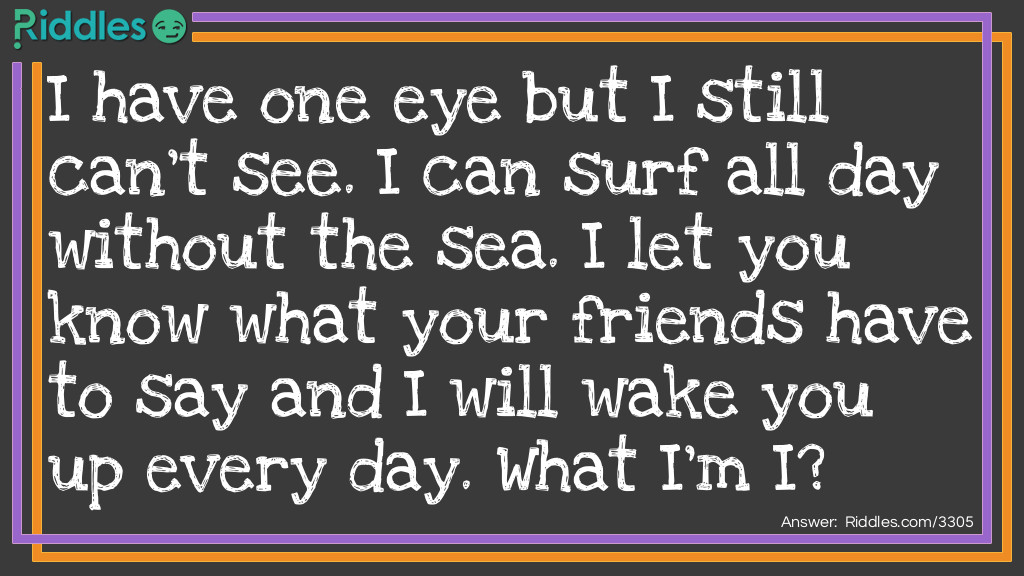 I have one eye but I still can't see. I can surf all day without the sea. I let you know what your friends have to say and I will wake you up every day. What I'm I?