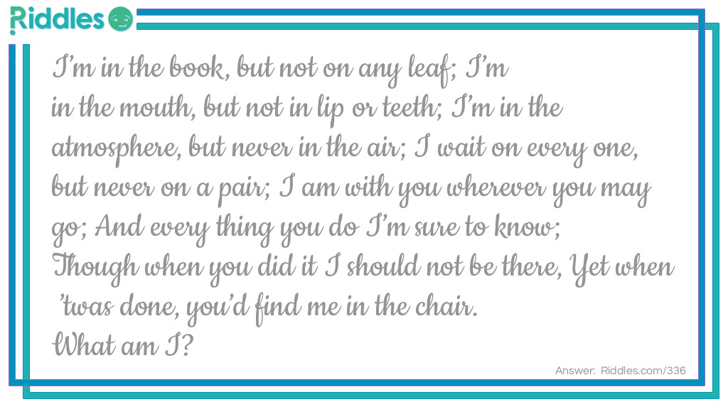 I'm in the book, but not on any leaf; I'm in the mouth, but not in lip or teeth; I'm in the atmosphere, but never in the air; I wait on every one, but never on a pair; I am with you wherever you may go; And every thing you do I'm sure to know; Though when you did it I should not be there, Yet when 'twas done, you'd find me in the chair. 
What am I?