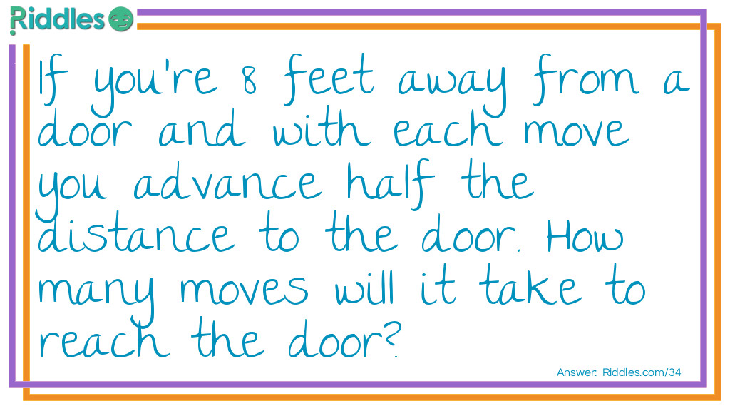 If you're 8 feet away from a door and with each move you advance half the distance to the door. How many moves will it take to reach the door?