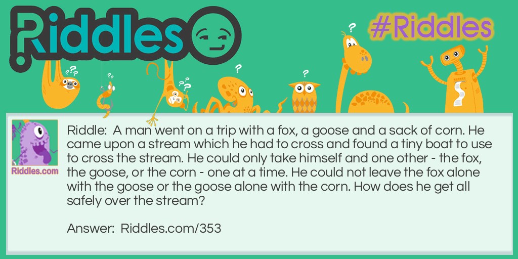 A man went on a trip with a fox, a goose, and a sack of corn. He came upon a stream that he had to cross and found a tiny boat to use to cross the stream. He could only take himself and one other - the fox, the goose, or the corn - one at a time. He could not leave the fox alone with the goose or the goose with the corn. How does he get all safely over the stream?