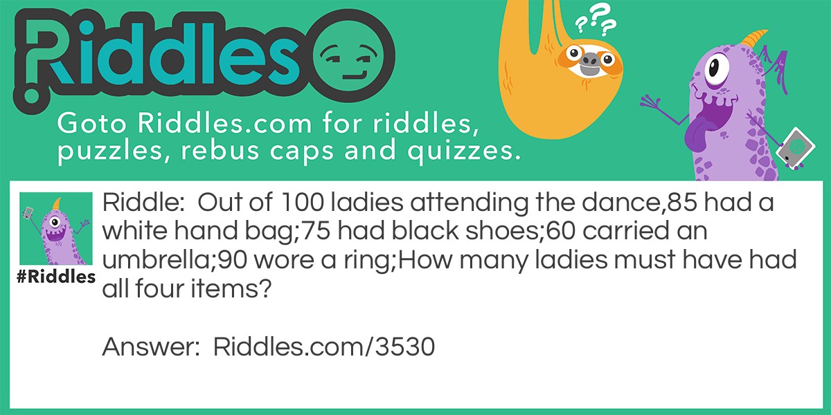 Out of 100 ladies attending the dance,85 had a white hand bag;75 had black shoes;60 carried an umbrella;90 wore a ring;
How many ladies must have had all four items?
 