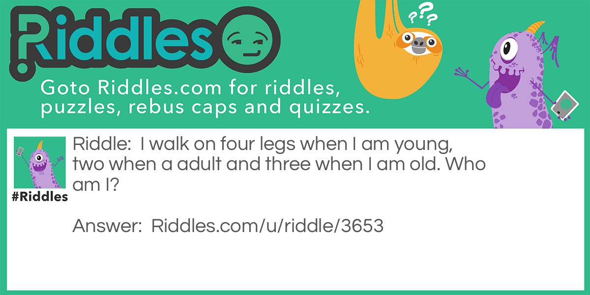 I walk on four legs when I am young, two when a adult and three when I am old. Who am I?