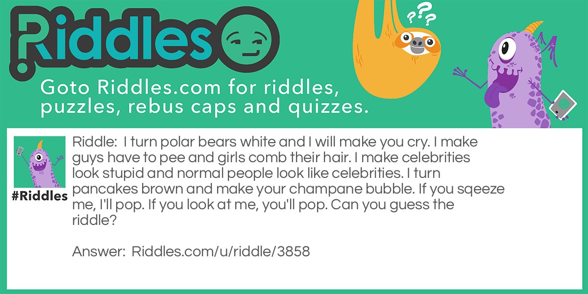 I turn polar bears white and I will make you cry. I make guys have to pee and girls comb their hair. I make celebrities look stupid and normal people look like celebrities. I turn pancakes brown and make your champane bubble. If you sqeeze me, I'll pop. If you look at me, you'll pop. Can you guess the riddle?