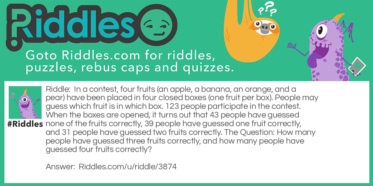 Riddle: In a contest, four fruits (an apple, a banana, an orange, and a pear) have been placed in four closed boxes (one fruit per box). People may guess which fruit is in which box. 123 people participate in the contest. When the boxes are opened, it turns out that 43 people have guessed none of the fruits correctly, 39 people have guessed one fruit correctly, and 31 people have guessed two fruits correctly. The Question: How many people have guessed three fruits correctly, and how many people have guessed four fruits correctly? Answer: It is not possible to guess only three fruits correctly: the fourth fruit is then correct too! So nobody has guessed three fruits correctly and 123-43-39-31 = 10 people have guessed four fruits correctly.