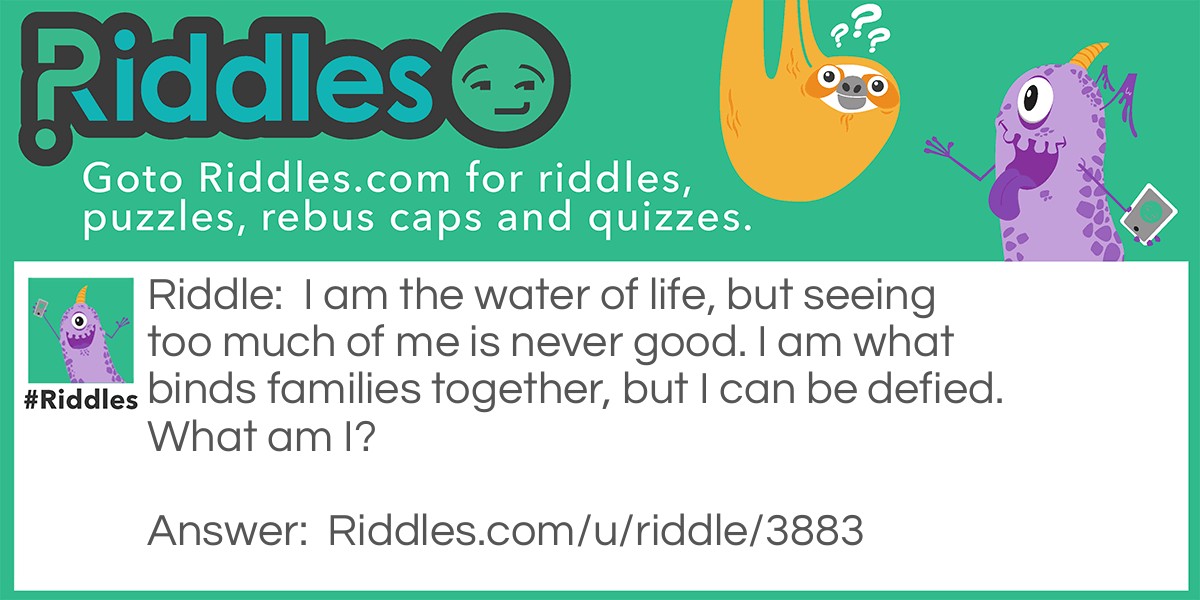 I am the water of life, but seeing too much of me is never good. I am what binds families together, but I can be defied. What am I?