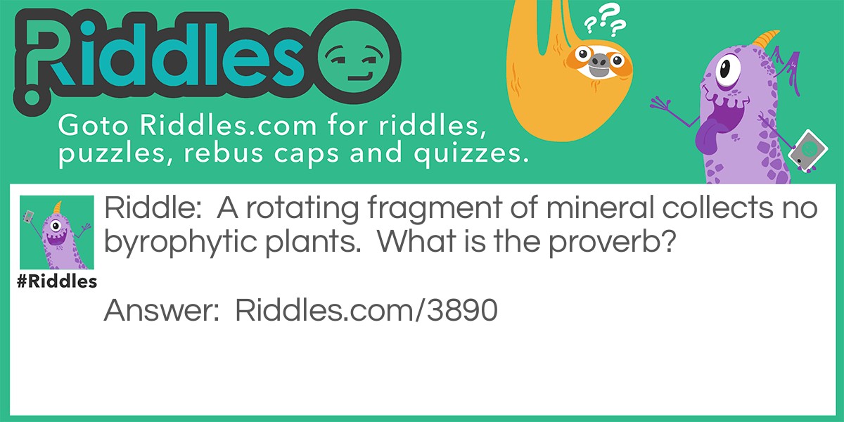 Riddles And Proverbs: A rotating fragment of mineral collects no byrophytic plants. What is the proverb? Answer: A rolling stone gathers no moss.