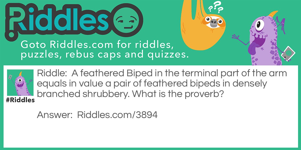 Riddle proverb 5: A feathered Biped in the terminal part of the arm equals in value a pair of feathered bipeds Riddle Meme.