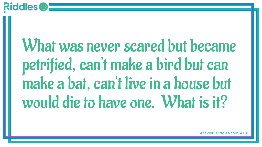 Riddle: What was never scared but became petrified, can't make a bird but can make a bat, can't live in a house but would die to have one.  What is it? Answer: A tree.