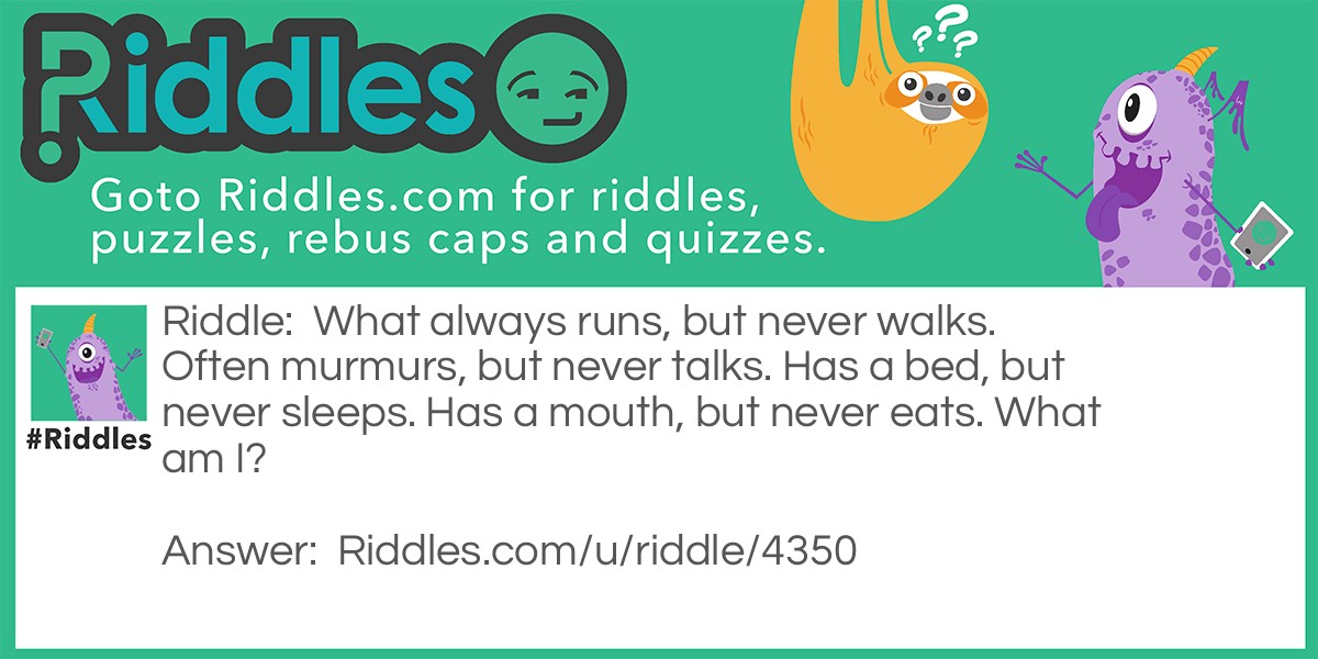 What always runs, but never walks. Often murmurs, but never talks. Has a bed, but never sleeps. Has a mouth, but never eats. What am I?