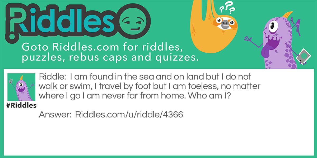 I am found in the sea and on land but I do not walk or swim, I travel by foot but I am toeless, no matter where I go I am never far from home. Who am I?