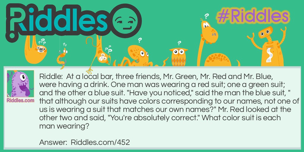 Riddle: At a local bar, three friends, Mr. Green, Mr. Red and Mr. Blue, were having a drink. One man was wearing a red suit; one a green suit; and the other a blue suit. "Have you noticed," said the man the blue suit, "that although our suits have colors corresponding to our names, not one of us is wearing a suit that matches our own names?" Mr. Red looked at the other two and said, "You're absolutely correct." What color suit is each man wearing? Answer: Since none of the men are wearing the color of suit that corresponds to their names, and Mr. Red was replying to the man in the blue suit, it had to be Mr. Green to whom he replied. We then know that Mr. Green is wearing a blue suit. Therefore, Mr. Red is wearing a green suit and Mr. Blue is wearing a red suit.