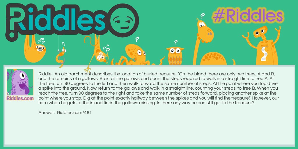 An old parchment describes the location of buried treasure: "On the island there are only two trees, A and B, and the remains of a gallows. Start at the gallows and count the steps required to walk in a straight line to tree A. At the tree turn 90 degrees to the left and then walk forward the same number of steps. At the point where you top drive a spike into the ground. Now return to the gallows and walk in a straight line, counting your steps, to tree B. When you reach the tree, turn 90 degrees to the right and take the same number of steps forward, placing another spike at the point where you stop. Dig at the point exactly halfway between the spikes and you will find the treasure." However, our hero when he gets to the island finds the gallows missing. Is there any way he can still get to the treasure?