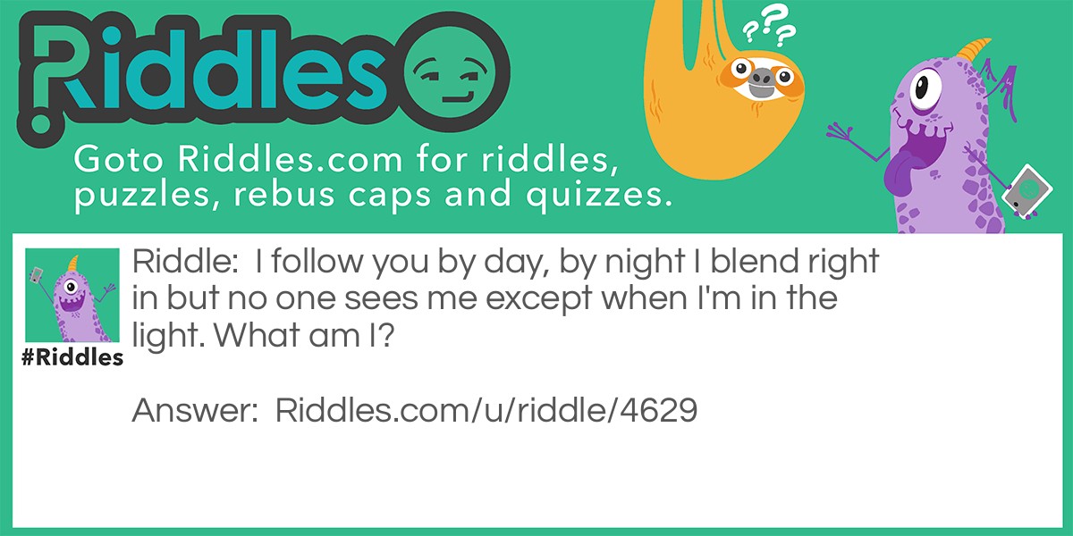 Riddle: I follow you by day, by night I blend right in but no one sees me except when I'm in the light. What am I? Answer: A shadow.
