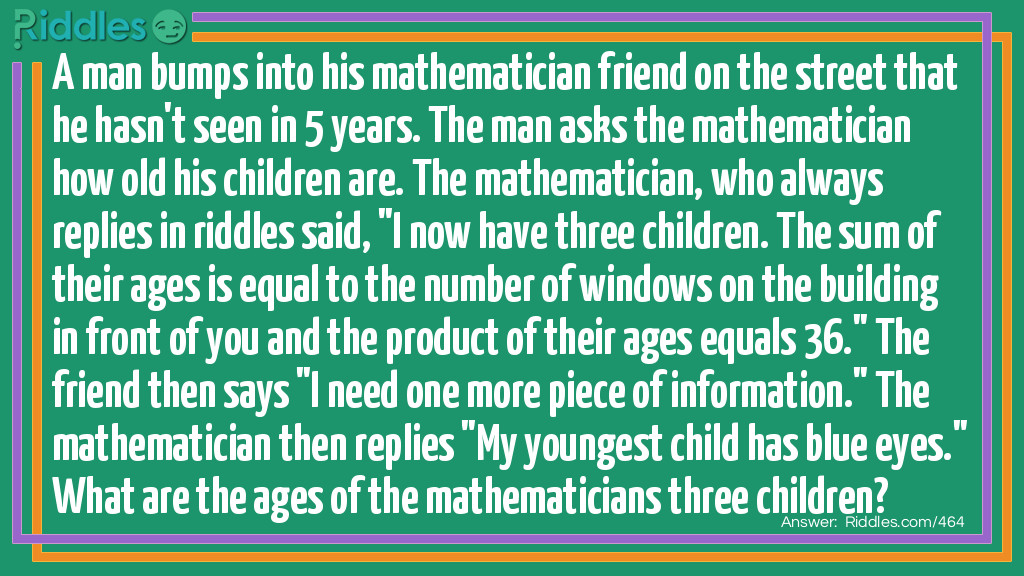 A man bumps into his mathematician friend on the street whom he hasn't seen in 5 years. The man asks the mathematician how old his children are. The mathematician, who always replies in <a>riddles</a> said, "I now have three children. The sum of their ages is equal to the number of windows on the building in front of you and the product of their ages equals 36." The friend then says "I need one more piece of information." The mathematician then replies "My youngest child has blue eyes." What are the ages of the mathematician's three children?