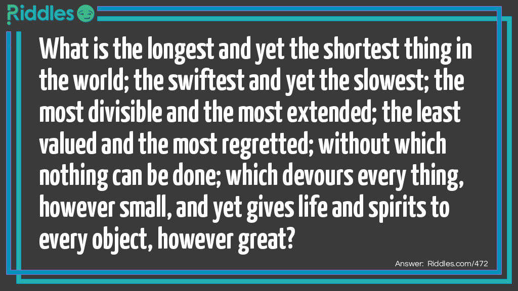 What is the longest and yet the shortest thing in the world; the swiftest and yet the slowest; the most divisible and the most extended; the least valued and the most regretted; without which nothing can be done; which devours every thing, however small, and yet gives life and spirits to every object, however <a href="https://www.riddles.com/best-riddles">great</a>?