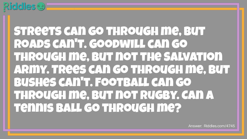 Streets can go through me, but roads can't. Goodwill can go through me, but not the Salvation Army. Trees can go through me, but bushes can't. Football can go through me, but not rugby. Can a tennis ball go through me?