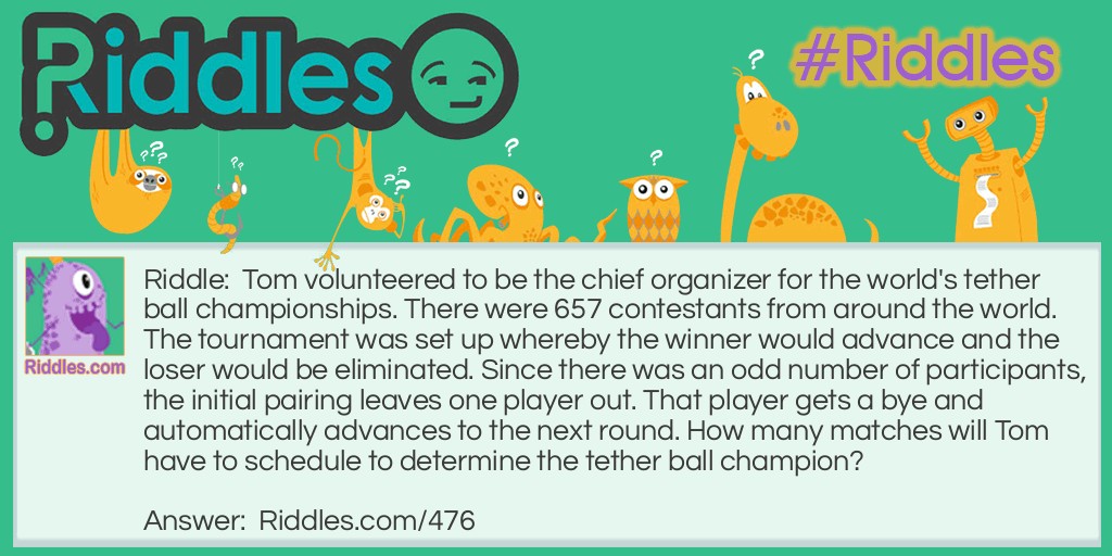 Tom volunteered to be the chief organizer for the world's tether ball championships. There were 657 contestants from around the world. The tournament was set up whereby the winner would advance and the loser would be eliminated. Since there was an odd number of participants, the initial pairing leaves one player out. That player gets a bye and automatically advances to the next round. How many matches will Tom have to schedule to determine the tether ball champion?