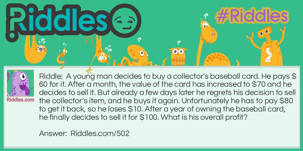 Riddle: A young man decides to buy a collector's baseball card. He pays $60 for it. After a month, the value of the card has increased to $70 and he decides to sell it. But already a few days later he regrets his decision to sell the collector's item, and he buys it again. Unfortunately he has to pay $80 to get it back, so he loses $10. After a year of owning the baseball card, he finally decides to sell it for $100. What is his overall profit? Answer: $30.00. Overall profit, not net profit!