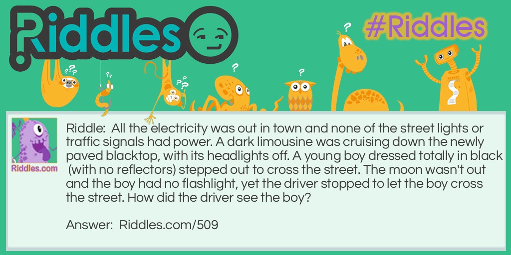 Riddle: All the electricity was out in town and none of the street lights or traffic signals had power. A dark limousine was cruising down the newly paved blacktop, with its headlights off. A young boy dressed totally in black (with no reflectors) stepped out to cross the street. The moon wasn't out and the boy had no flashlight, yet the driver stopped to let the boy cross the street. How did the driver see the boy? Answer: The driver saw the boy because it was during the daylight hours.