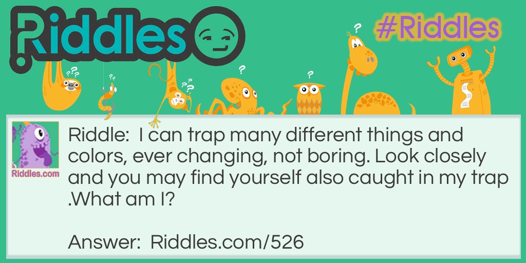 I can trap many different things and colors, ever-changing, not boring. Look closely and you may find yourself also caught in my trap.
What am I?