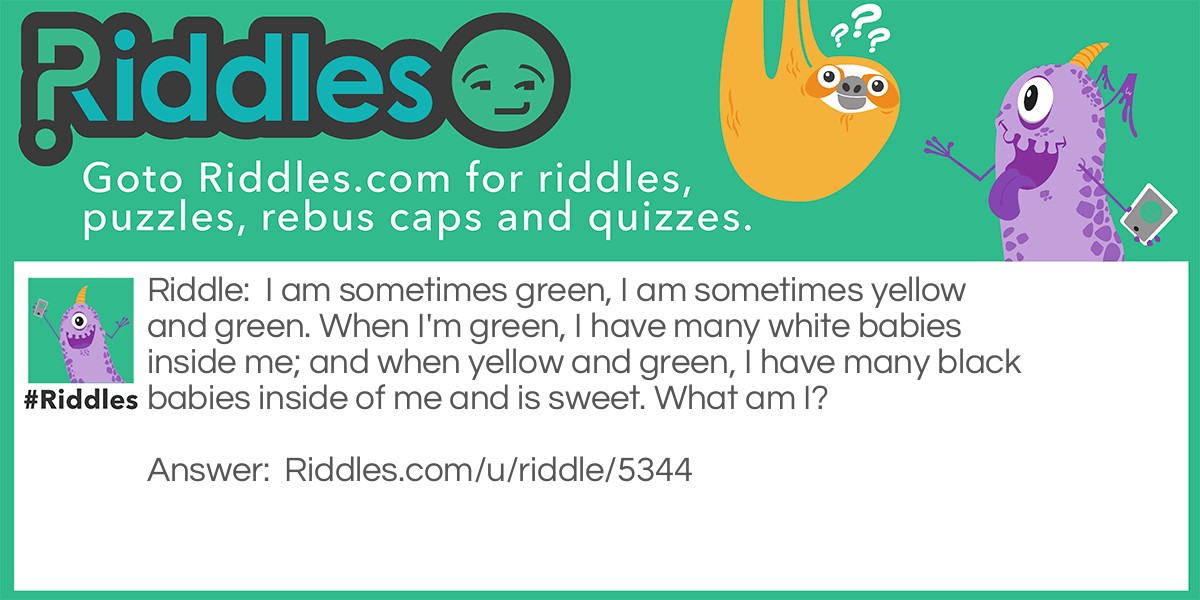 I am sometimes green, I am sometimes yellow and green. When I'm green, I have many white babies inside me; and when yellow and green, I have many black babies inside of me and is sweet. What am I?