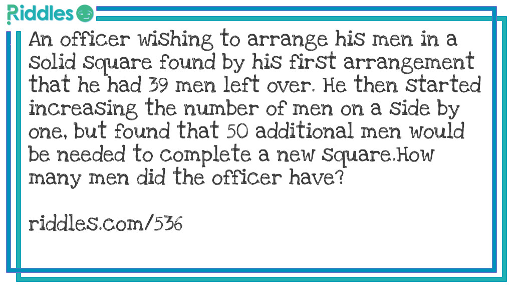 An officer wishing to arrange his men in a solid square found by his first arrangement that he had 39 men left over. He then started increasing the number of men on a side by one, but found that 50 additional men would be needed to complete a new square.
How many men did the officer have?