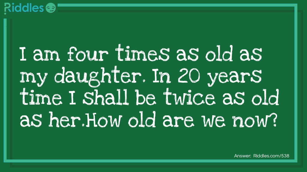 I am four times as old as my daughter. In 20 years time I shall be twice as old as her.
How old are we now? Riddle Meme.