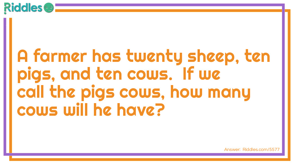 Click to see riddle A farmer has twenty sheep, ten pigs, and ten cows riddle answer.