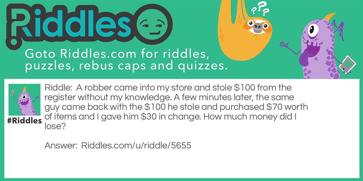 Riddle: A robber came into my store and stole $100 from the register without my knowledge. A few minutes later, the same guy came back with the $100 he stole and purchased $70 worth of items and I gave him $30 in change. How much money did I lose? Answer: I lost $100