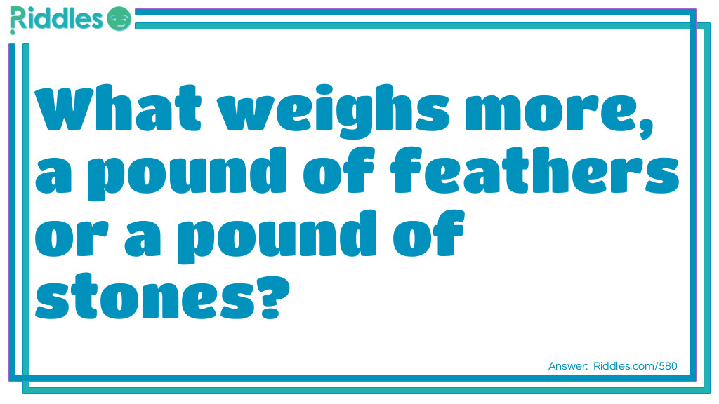 Kids Riddles: What weighs more? A pound of feathers or a pound of stones? Riddle Meme.