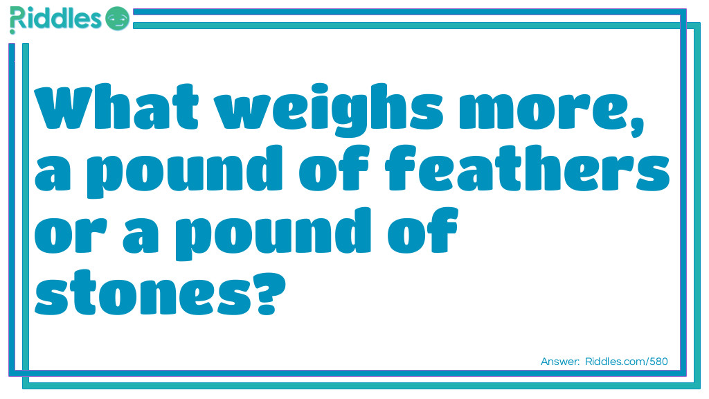 Click to see riddle What weighs more a pound of feathers or a pound of stones? answer.