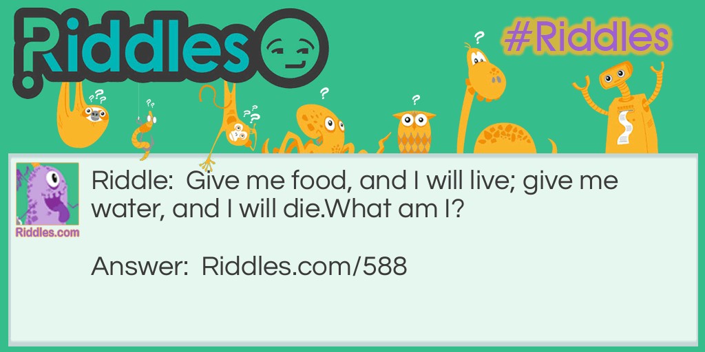 Riddle: Give me food, and I will live; give me water, and I will die.
What am I? Answer: Fire!