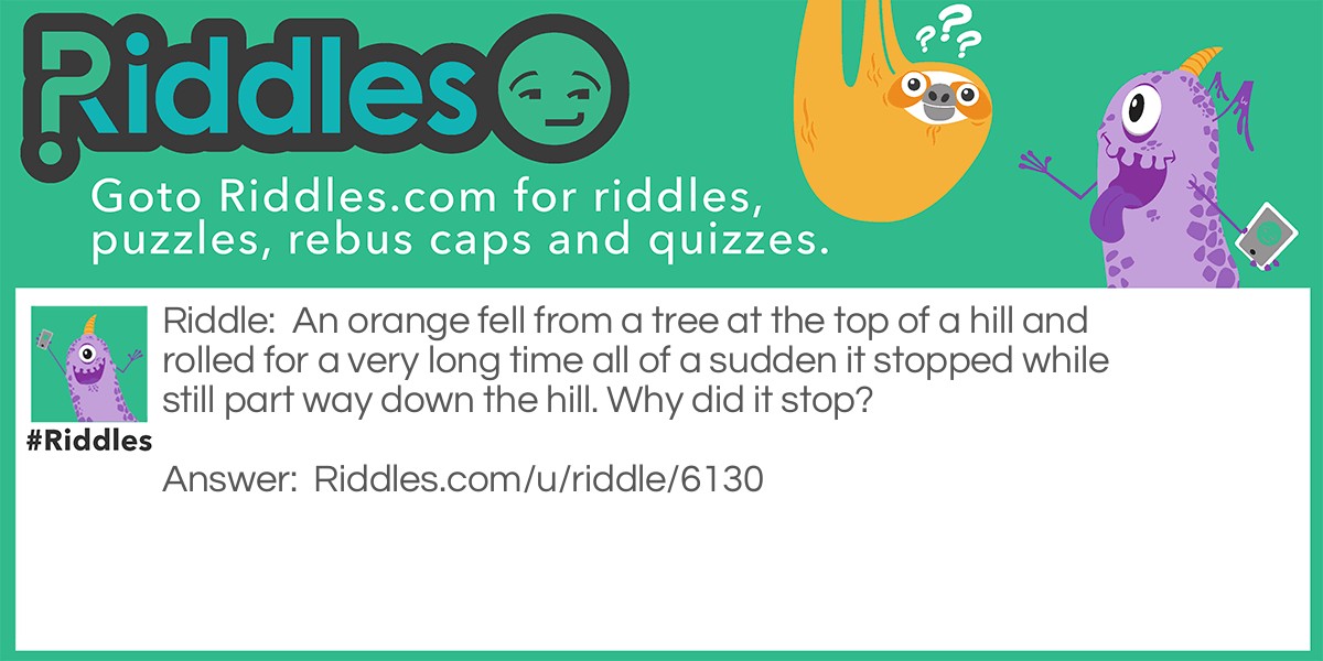 Riddle: An orange fell from a tree at the top of a hill and rolled for a very long time all of a sudden it stopped while still part way down the hill. Why did it stop? Answer: It ran out of juice.