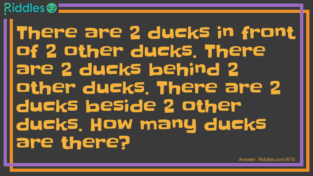There are 2 ducks in front of 2 other ducks. There are 2 ducks behind 2 other ducks. There are 2 ducks beside 2 other ducks. How many ducks are there?