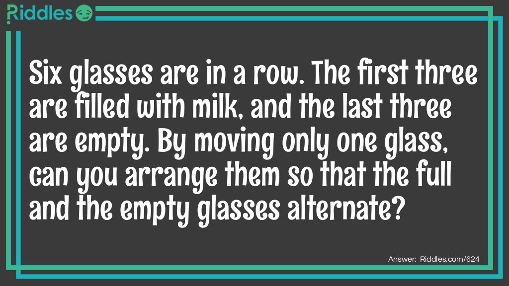 Click to see riddle Six glasses are in a row. The first three are filled with milk, and the last three are empty riddle answer.