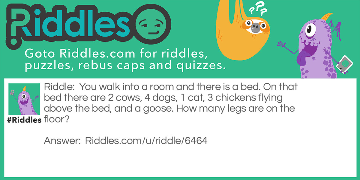 You walk into a room and there is a bed. On that bed there are 2 cows, 4 dogs, 1 cat, 3 chickens flying above the bed, and a goose. How many legs are on the floor?