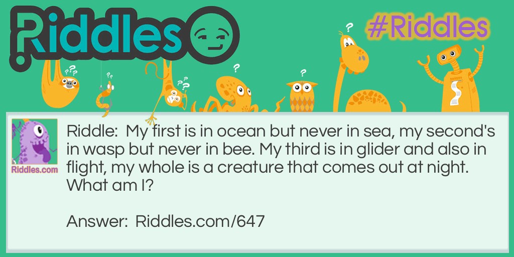 Riddle: My first is in ocean but never in sea, my second's in wasp but never in bee. My third is in glider and also in flight, my whole is a creature that comes out at night.
What am I? Answer: An Owl.