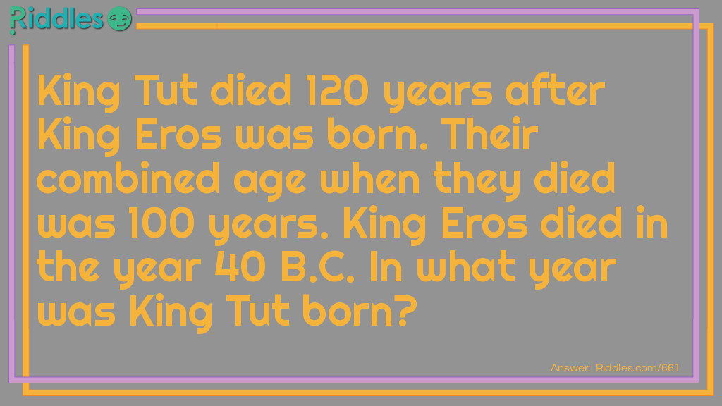 Riddle: King Tut died 120 years after King Eros was born. Their combined age when they died was 100 years. King Eros died in the year 40 B.C. In what year was King Tut born? Answer: King Tut was born in 20 B.C. There were 120 years between the birth of King Eros and the death of King Tut, but since their ages amounted to only 100 years, there must have been 20 years when neither existed. This would be a period between the death of King Eros, 40 B.C., and the birth of King Tut, 20 B.C.