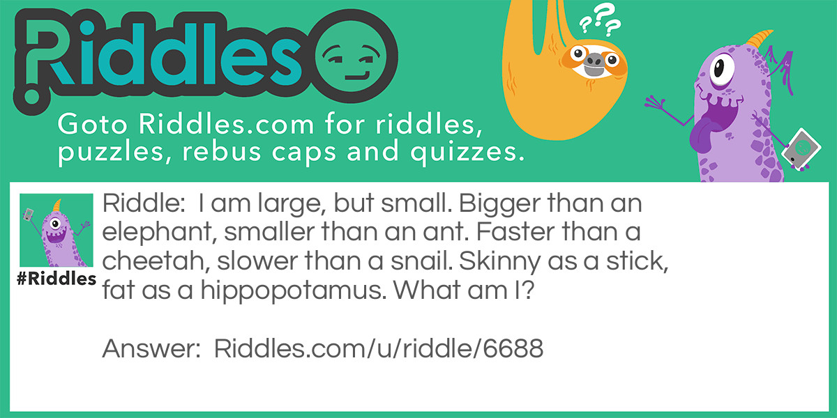 I am large, but small. Bigger than an elephant, smaller than an ant. Faster than a cheetah, slower than a snail. Skinny as a stick, fat as a hippopotamus. What am I?
