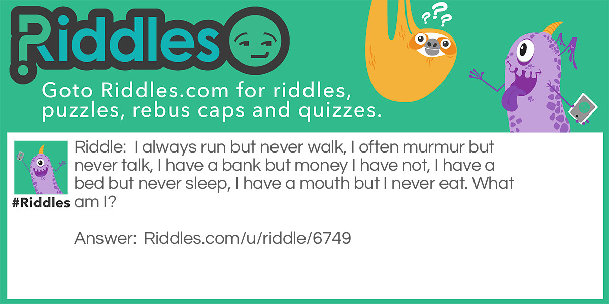 I always run but never walk, I often murmur but never talk, I have a bank but money I have not, I have a bed but never sleep, I have a mouth but I never eat. What am I?