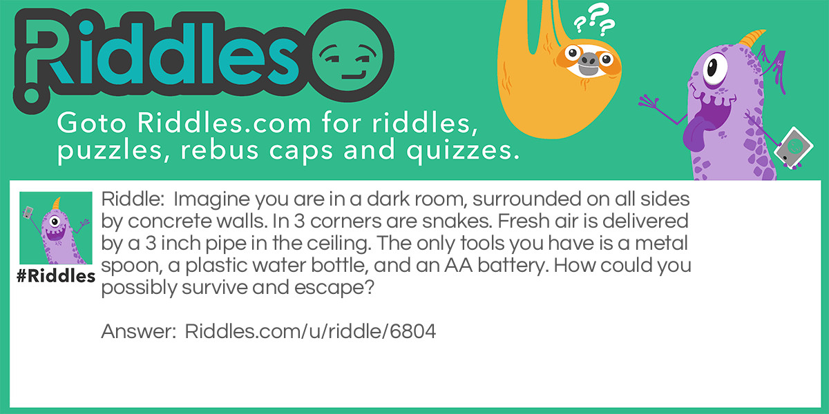 Imagine you are in a dark room, surrounded on all sides by concrete walls. In 3 corners are snakes. Fresh air is delivered by a 3 inch pipe in the ceiling. The only tools you have is a metal spoon, a plastic water bottle, and an AA battery. How could you possibly survive and escape?