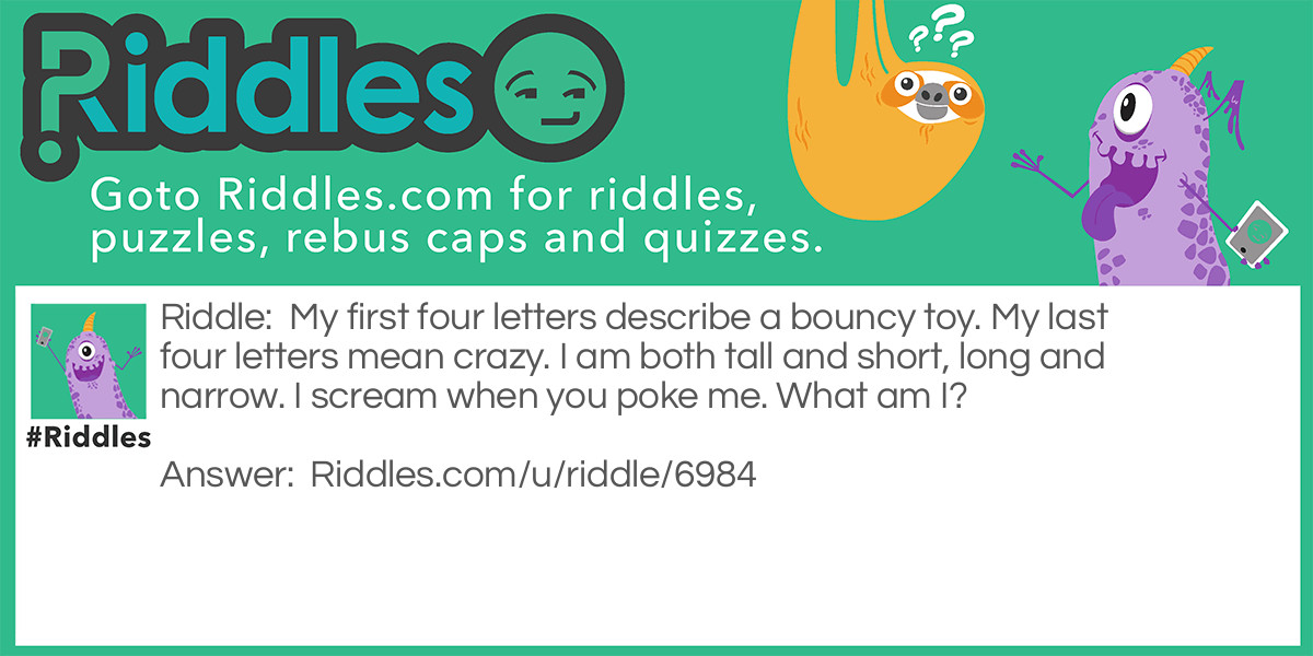 My first four letters describe a bouncy toy. My last four letters mean crazy. I am both tall and short, long and narrow. I scream when you poke me. What am I?