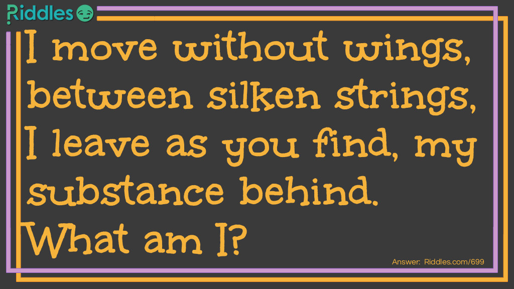 Riddle: I move without wings, between silken strings, I leave as you find, my substance behind.
What am I? Answer: A Spider.
