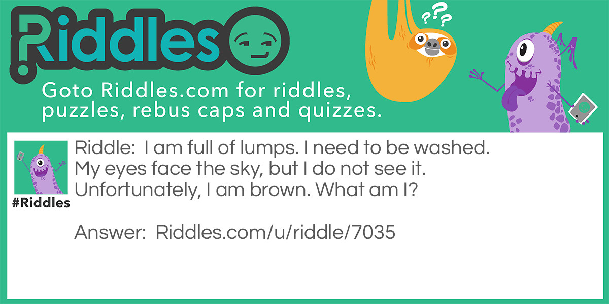 I am full of lumps. I need to be washed. My eyes face the sky, but I do not see it. Unfortunately, I am brown. What am I?