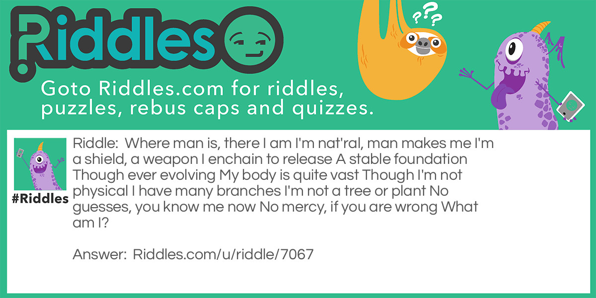 Where man is, there I am
I'm natural, man makes me
I'm a shield, a weapon
I enchain to release
A stable foundation
Though ever-evolving
My body is quite vast
Though I'm not physical
I have many branches
I'm not a tree or plant
No guesses, you know me now
No mercy, if you are wrong
What am I?