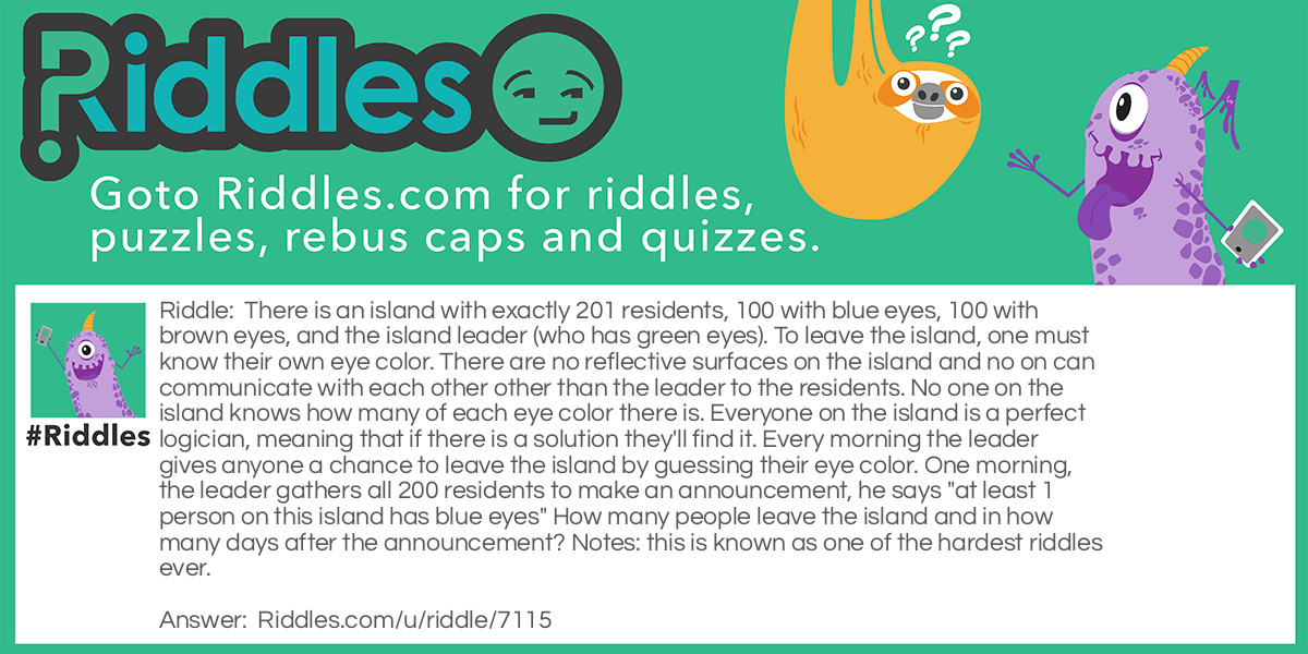 Riddle: There is an island with exactly 201 residents, 100 with blue eyes, 100 with brown eyes, and the island leader (who has green eyes). To leave the island, one must know their own eye color. There are no reflective surfaces on the island and no on can communicate with each other other than the leader to the residents. No one on the island knows how many of each eye color there is. Everyone on the island is a perfect logician, meaning that if there is a solution they'll find it. Every morning the leader gives anyone a chance to leave the island by guessing their eye color. One morning, the leader gathers all 200 residents to make an announcement, he says "at least 1 person on this island has blue eyes" How many people leave the island and in how many days after the announcement? Notes: this is known as one of the hardest riddles ever. Answer: All 100 blue eyed people in 100 days. EXPLANATION: imagine there is only 1 person on the island, he will look around and see that there are no blue eyed people, he will then know his eye color in 1 day, if there are two, each will see that there is 1 blue eyed person, of this person doesn't leave on the 1st day, that means that he must also have blue eyes so that the same rules apply to the other man's perspective, following this logic, n= blue eyed people and d= days so d=n because for each person added, one more day is needed to know their own eye color. if you would like more info, search "100 blue eyes riddle"