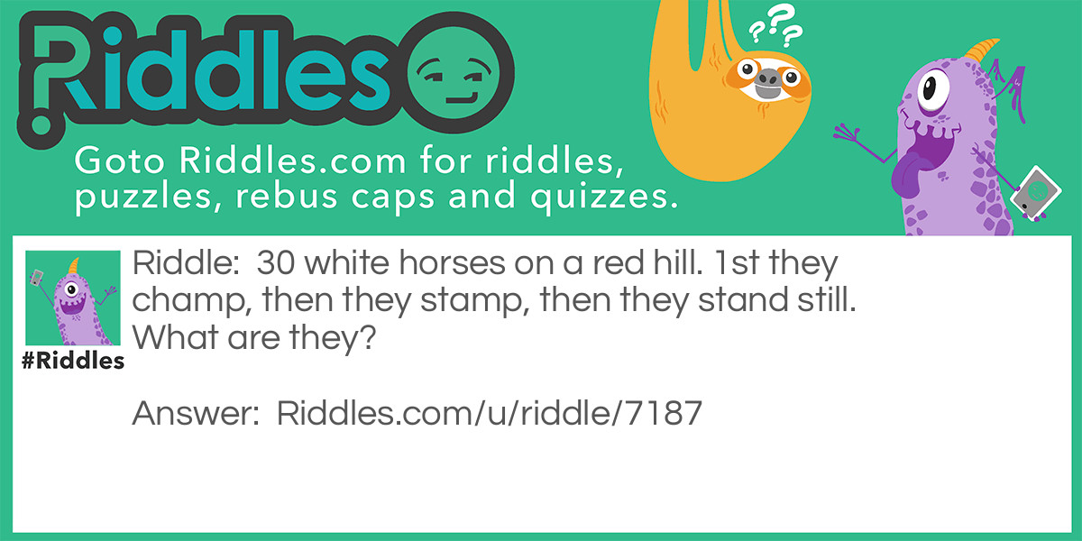 30 white horses on a red hill. 1st they champ, then they stamp, then they stand still. What are they?