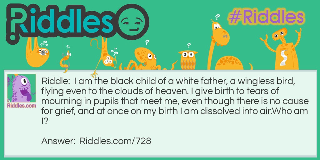 Riddle: I am the black child of a white father, a wingless bird, flying even to the clouds of heaven. I give birth to tears of mourning in pupils that meet me, even though there is no cause for grief, and at once on my birth, I am dissolved into air.
Who am I? Answer: I am Smoke.