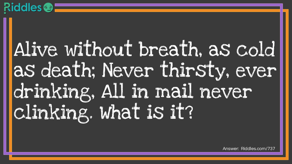 Alive without breath, as cold as death; Never thirsty, ever drinking, All in mail never clinking. What is it?